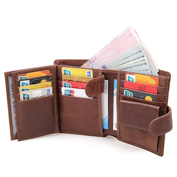 Луксозен брендовый дизайнерски мъжки портфейл от естествена кожа, държач за карти, оригинална мъжка чанта в три гънки, кратък мъжки портфейл с щипка за пари от телешка кожа Изображение