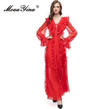 MoaaYina Лятното Модно дизайнерско оранжево-червено винтажное рокля, секси рокля с V-образно деколте, набори, излизам на юзда, празнична парти, тънка дълга рокля с висока талия Изображение