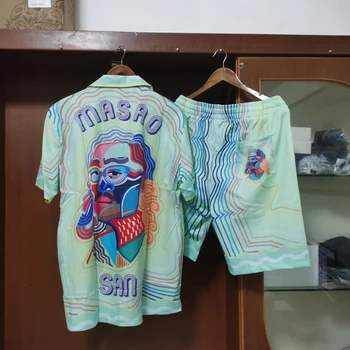Ризи Казабланка-Високо качество с Кралят на Покер, цветни Вълнообразни принт, Къс ръкав 3XL, Лятна Хавайска риза за мъже и жени y2k Изображение