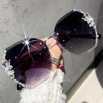 2023 Луксозни Дизайнерски Vintage слънчеви очила с кристали без рамки, женски, мъжки, Модни слънчеви очила с градиентными лещи, сенки за жени Изображение