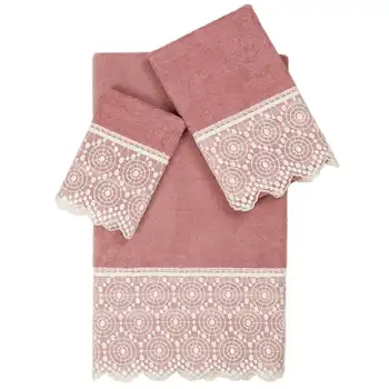 Традиционен/модерен Комплект хавлиени кърпи от турски памук Arian Крем, украсени с дантела, от 3 теми, розово и розово Изображение