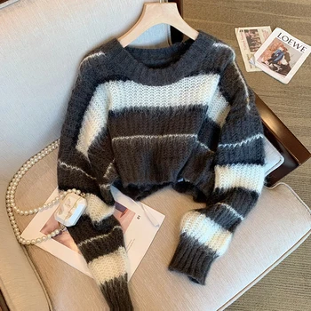Жена пуловер, пуловер, Есен Кратко вязаное палто от мохера в корея контрастни райета, Модерен, удобен топло топ с дълъг ръкав и кръгло деколте Изображение