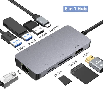 ХЪБ USB 3.0 Докинг станция Type C Многопортовый Адаптер за Разширяване на SD/TF Cardreader Gigabit Ethernet 4K, HDMI PD 100W Сплитер за Macbook Изображение