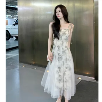 Жена марлевое мозайка рокля с флорални принтом, уважаеми трапециевидное дълга рокля с тънка талия XSSMLXL Изображение