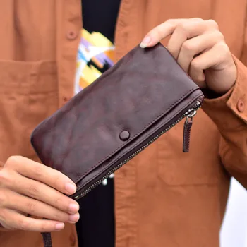 Бизнес мъжки портфейл AETOO, дълга кожена чанта за джоб, чанта за карти, мултифункционален мъжки портфейл с ръчно управление с голям капацитет Изображение