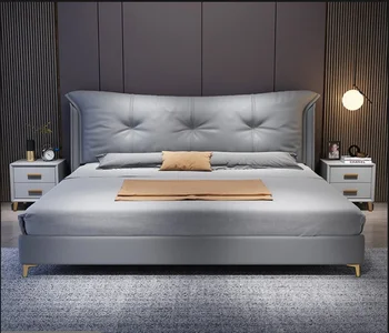 Спалня с меко легло 1,8 м, двойно кожено легло, италиански минималистичная многопластова мида, Нова кожено легло в основната спалня Изображение