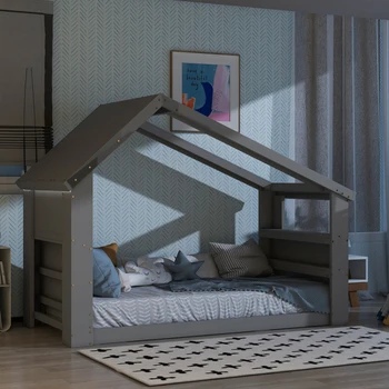 Сива подова легло за къща-близнак с прозорец на покрива, led светлини, лесна за сглобяване и за вътрешна мебелировка за спални Изображение