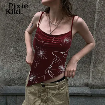 PixieKiki, red velvet камизола с абстрактно принтом, Дрехи Y2k, женски реколта гранжевые върховете неправилни форми, Градинска облекло P67-BD10 Изображение