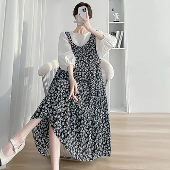 Свободно Рокля трапецовидна форма с цветен модел за бременни в Корейски стил, Комплект от две части за бели Ризи, Комплект Дрехи за бременни Размера на Плюс, Рокля, Костюм Изображение
