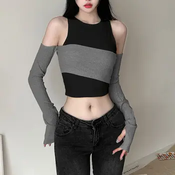 Корейски модерен женски комплект от две части, риза в готически стил гръндж, Y2K, корея, градинска облекло в стил пънк, ръкавици, съкратен топ Изображение