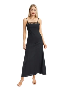 Секси Елегантна дълга рокля без ръкави с дълбоко V-образно деколте и дантела тапицерия, лятна премяна (D, черен, L) Изображение