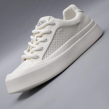 Модерни Спортни Бели обувки от естествена кожа, мъжки лятна удобни и дишащи Ежедневни обувки, Мъжки Ежедневни обувки на дебела подметка Изображение