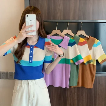 Лятна корейската мода цветна риза в стил мозайка, Дамски шик трикотажная риза райе с къс ръкав, женски ретро улични върховете Y2k Изображение