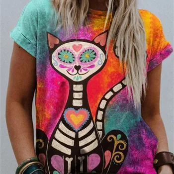 2023 Лятна нова Дамски тениски с 3D котка, Ежедневни градинска дрехи с кръгло деколте и къс ръкав, Свободен топ, Дамски пуловер голям размер Изображение