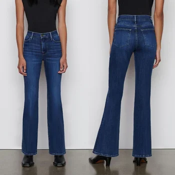 Дамски еластични разкроена дънкови панталони с висока талия 2023, нови модни прилепнали дамски дънки Изображение