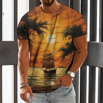 Реколта мъжка тениска За мъже с 3D морски принтом, Лятна тениска с къс ръкав и кръгло деколте, Ежедневни модерна риза, Мъжки дрехи Оверсайз Изображение