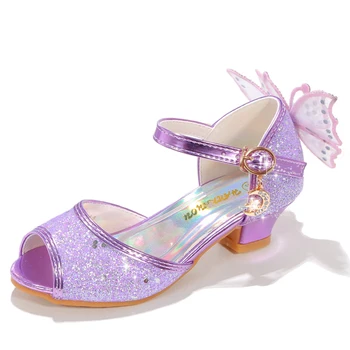 Лилави обувки за момичета на висок ток, Лилаво Летни Сандали на Принцесата-пеперуда на едно токчета, Ярко Латински обувки за момичета, Блестящи Сандали с лък Изображение
