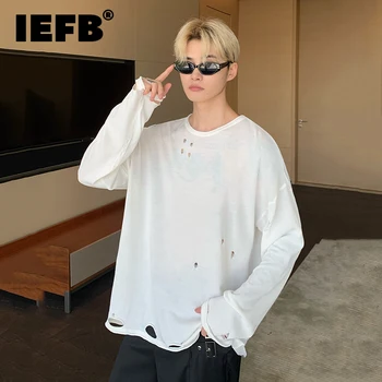 Тениска IEFB с дълъг ръкав и дупки, Тенденция Мъжки Модни Потертая Солнцезащитная Облекло, Лятно Тънък Случайни Мрежест Пуловер, Тениска 9C1157 Изображение