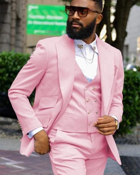 Розови прилепнали пълни с мъжки костюми, комплекти, ушити по поръчка, Сако, панталон, Костюм за сватбата, палта, дрехи за парти Младоженеца-3 бр. яке + жилетка + панталони Изображение