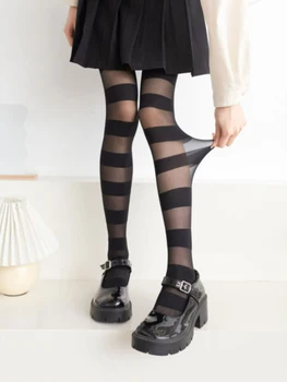 Дамски Чорапогащи с ефект найлон кожата JK в Японски стил за момичета, Секси Шарени Компресия Дълги черни Чорапи до бедрото, Изображение