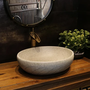 Линия Антични художествени настолен мивка Овална Керамична Мивка Китайски ретро-с мивка Изображение