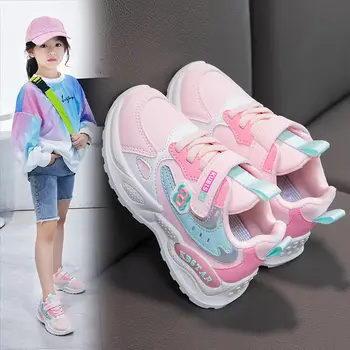 Нова кожена детска ежедневни лека спортни обувки за момичета подметка за бягане Изображение