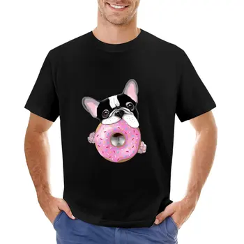 Любителите на френски булдог, сладка тениска frenchie черно-бяла с розови пончиками, летни потници, черни тениски за мъже Изображение