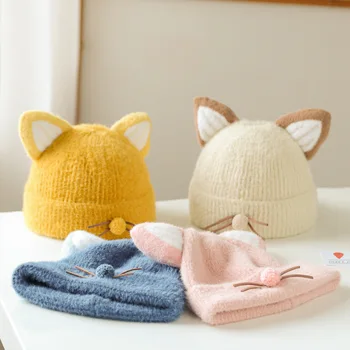Сладко детска шапчица с кошачьими уши, вязаная на една кука, за малки момчета и момичета, Есенно-зимна топла шапка за фотография новородени Изображение