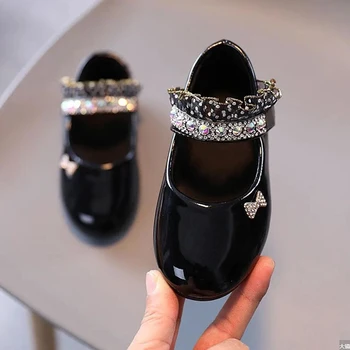 Обувки на принцесата от бяла и черна кожа за момичета в цветенце, училищни лейси обувки за сватбеното парти за момичета, детски обувки от 1 до 12 години Изображение