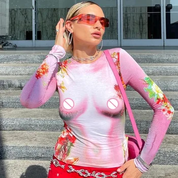 Розова тениска с дълги ръкави и цветисти принтом Y2K, съкратен топ с 3D принтом за тялото, Дамски модни риза Есен-зима 2023 Изображение