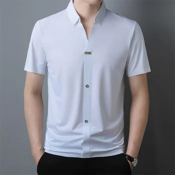 CASUMANL Летни Ризи за мъже 2023, однотонная мъжка риза с тънък писмото иконата Срещу бръчки, Класически бизнес ежедневни върхове на средна възраст Изображение