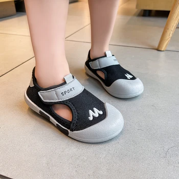 Детски ежедневни обувки за момичета, новост 2023 г., лятна мека нескользящая детски обувки с кръгло бомбе, универсална спортни обувки на куки и панти син цвят Изображение