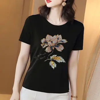 Новата Женска риза на средна възраст с къс ръкав от модален памук, черна долна риза, Дамски тениски, ежедневни дамски тениски с графичен дизайн Изображение